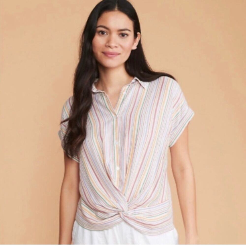 Lou & Grey rainbow stripe twist button up shirt short cuffed sleeve